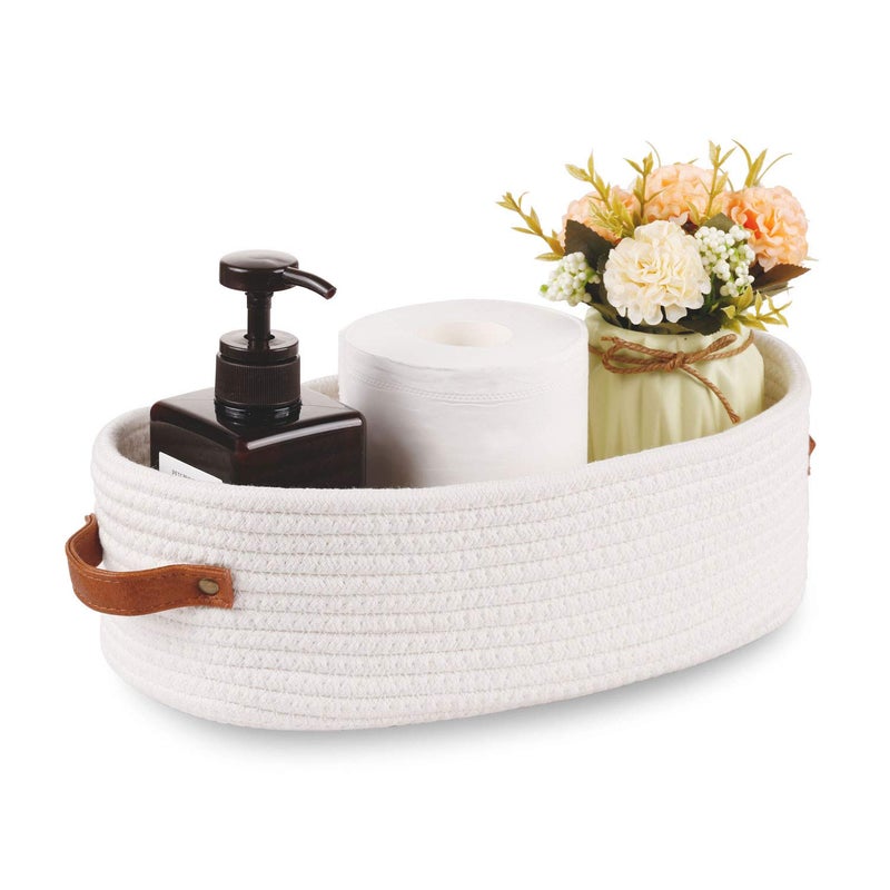 Oradrem Woven Storage Basket for Toilet Tank Top Farmhouse Home Decor Organizing Baskets for Bathroom Table and Counter 13""x5.9""x4"" White - Image 1